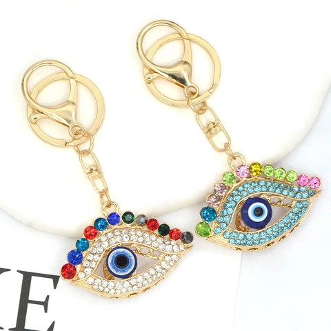 Porte-Clés Luxe Métal Mauvais Œil Strass Anneau De Clé Voiture Mode Sac Pendentif Bijou Cadeau Femme