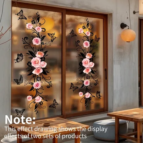 Adesivo per Finestra con Rose Rosa e Farfalle Doppia Faccia Visibile Autoadesivo per Porta in Vetro Decorazione Casa Moderna