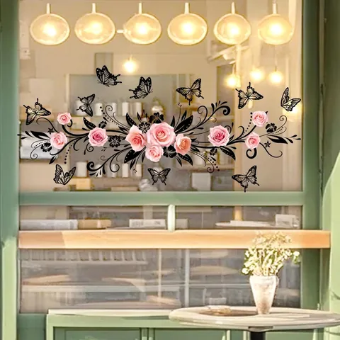 Adesivo per Finestra con Rose Rosa e Farfalle Doppia Faccia Visibile Autoadesivo per Porta in Vetro Decorazione Casa Moderna
