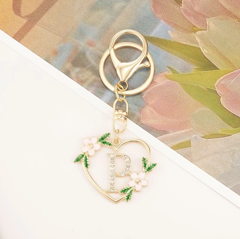 Zinc Alloy Heart Alphabet Keychain Rhinestone Enamel Flower Gold Plated Letter Keyring Bag Charm For Women Girls Gift