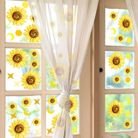 Abnehmbare Sonnenblume Fensterbilder Statisch Haftende PVC Aufkleber Für Glasfenster Sonne Sterne Mond Muster Heim Deko Wandtattoo