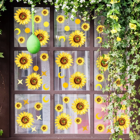 Abnehmbare Sonnenblume Fensterbilder Statisch Haftende PVC Aufkleber Für Glasfenster Sonne Sterne Mond Muster Heim Deko Wandtattoo