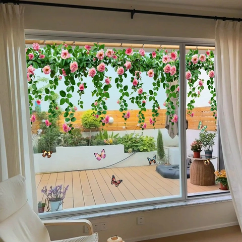 Pastoral Rosa Rosenranken Fensteraufkleber Schmetterling Statisch Haftend Abnehmbar Glas Fenster Sticker Für Wohnzimmer Deko