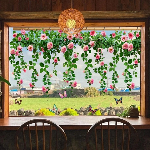Pastoral Rosa Rosenranken Fensteraufkleber Schmetterling Statisch Haftend Abnehmbar Glas Fenster Sticker Für Wohnzimmer Deko