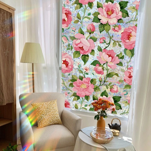 Película para Ventanas con Prisma de Arco Iris Estática Patrón Floral Rosa Peonía Pegatina de Cristal Protección de Privacidad Decorativa