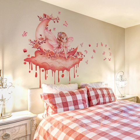Adesivo da Parete Fata Rosa su Luna con Fiori e Farfalle in PVC Autoadesivo per Decorazione Camera dei Bambini