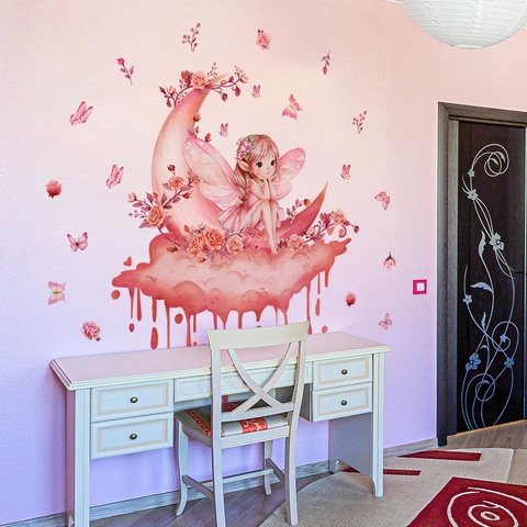 Adesivo da Parete Fata Rosa su Luna con Fiori e Farfalle in PVC Autoadesivo per Decorazione Camera dei Bambini
