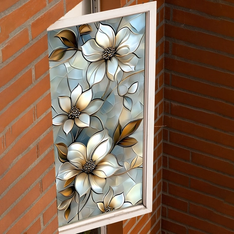 3D Embossed White Floral Window Privacy Film Static Cling Double Sided Decorative Glass Sticker For Home Bathroom Office