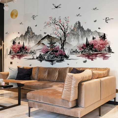 Adesivo da Parete Paesaggio Inchiostro Cinese PVC Montagna Gru Padiglione Luna Grande Decalcomania Decorativa per Soggiorno