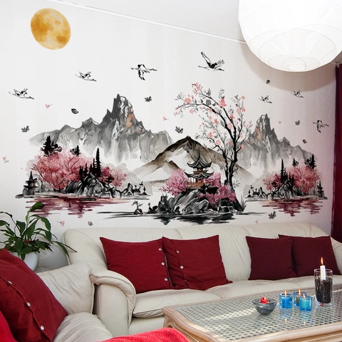 Adesivo da Parete Paesaggio Inchiostro Cinese PVC Montagna Gru Padiglione Luna Grande Decalcomania Decorativa per Soggiorno