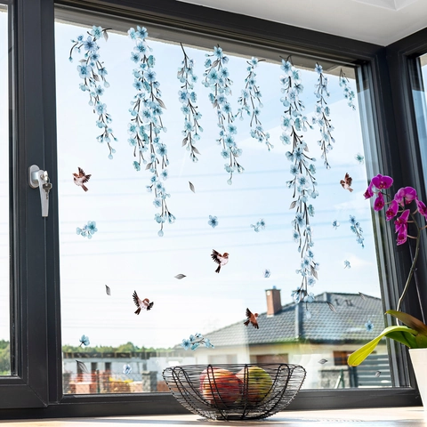 Creative Flower Branch Bird Static Cling Window Sticker Double Sided Visible Removable Glass Decal Floral Pattern Home Decor