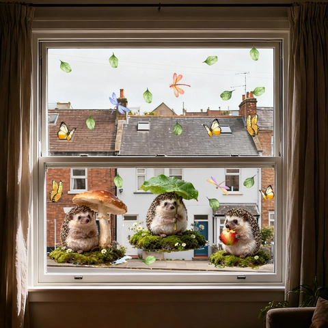 Cute Hedgehog Butterfly PVC Window Sticker Double Sided Visible Cartoon Wall Decal For Kids Room Living Room Decor