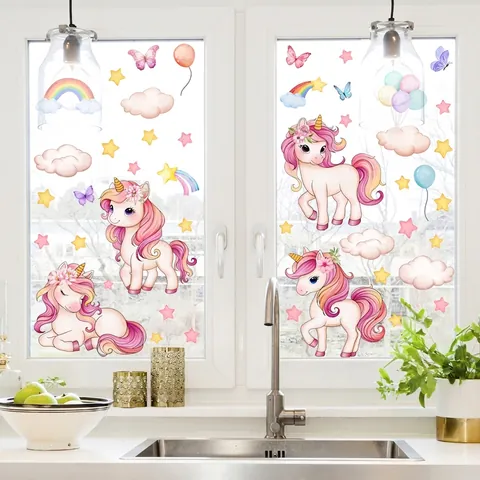Adesivi Murali Unicorno Cartone Animato Acquerello Arcobaleno Stelle Nuvole Decalcomanie per Finestre Statiche per Bambini