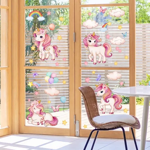 Adesivi Murali Unicorno Cartone Animato Acquerello Arcobaleno Stelle Nuvole Decalcomanie per Finestre Statiche per Bambini