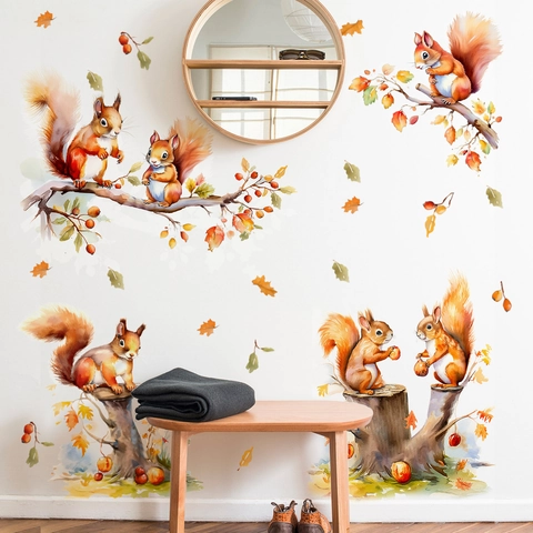 Watercolor Squirrel And Autumn Leaves Branch Wall Stickers PVC Removable Animal Wall Decals For Kids Room Bedroom Living Room Home Decor