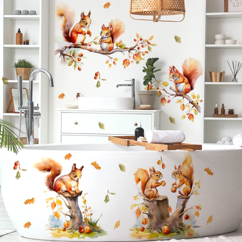 Watercolor Squirrel And Autumn Leaves Branch Wall Stickers PVC Removable Animal Wall Decals For Kids Room Bedroom Living Room Home Decor