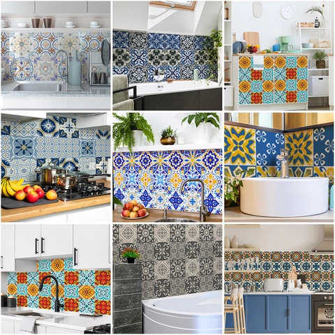 Retro Mediterranean Self Adhesive Tile Stickers For Kitchen Bathroom Waterproof PVC Mandala Geometric Pattern Wall Decals