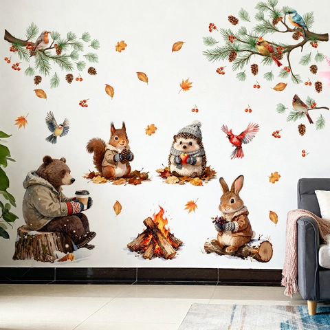 Forest Animals Wall Stickers Cartoon Bear Squirrel Rabbit Hedgehog Branches Watercolor Floral DIY Self Adhesive PVC Decals For Kids Room Bedroom Home Decor M17595