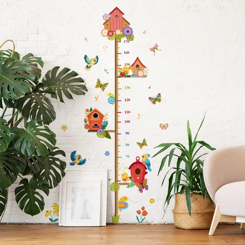 Cartoon Birds Birdhouse Growth Chart Wall Sticker For Kids Room Removable PVC Height Measurement Ruler Decal Playroom Home Decor