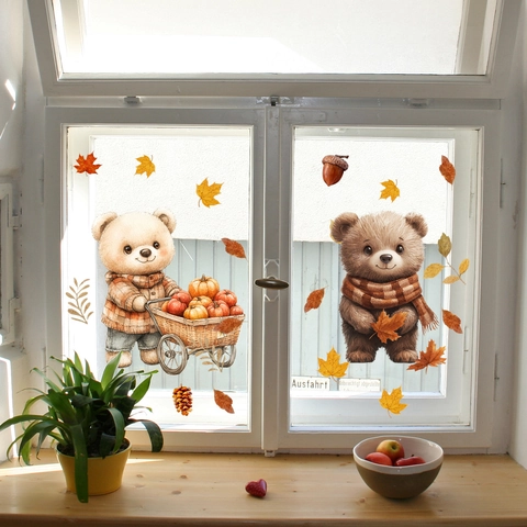 Autumn Static Thanksgiving Window Clings Cartoon Squirrel Fox Maple Leaf Pumpkin Gnome Double Sided Glass Decals Decor