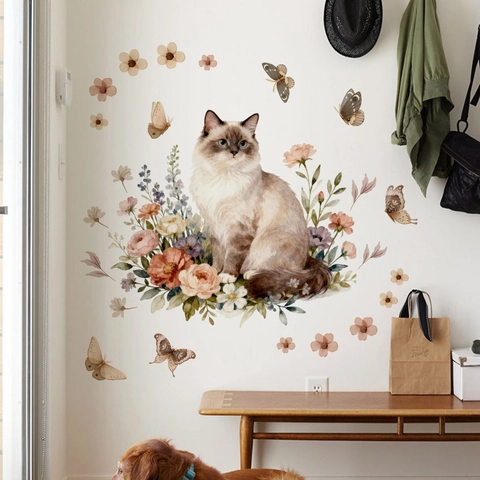 Aquarell Katze Blume Schmetterling Wandaufkleber PVC Abnehmbar Heimdekoration Für Schlafzimmer Wohnzimmer Kinderzimmer DIY Wandtattoo