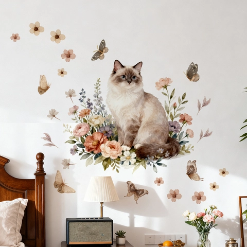 Aquarell Katze Blume Schmetterling Wandaufkleber PVC Abnehmbar Heimdekoration Für Schlafzimmer Wohnzimmer Kinderzimmer DIY Wandtattoo