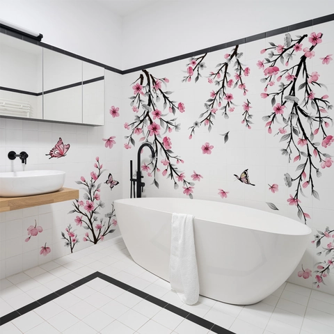 Pink Watercolor Flower Tree Butterfly Wall Sticker PVC Waterproof Removable Home Decor For Living Room Bedroom Kids Room