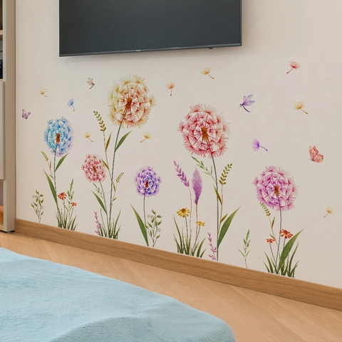 Großer Bunter Löwenzahn Schilf Schmetterling Wandaufkleber Aquarell Blume PVC Wasserdicht Wandtattoo Für Schlafzimmer Wohnzimmer