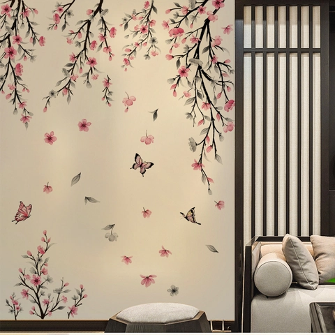 Pink Watercolor Flower Tree Butterfly Wall Sticker PVC Waterproof Removable Home Decor For Living Room Bedroom Kids Room