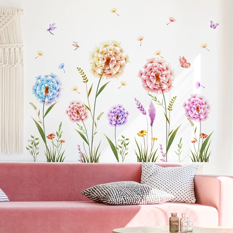 Großer Bunter Löwenzahn Schilf Schmetterling Wandaufkleber Aquarell Blume PVC Wasserdicht Wandtattoo Für Schlafzimmer Wohnzimmer