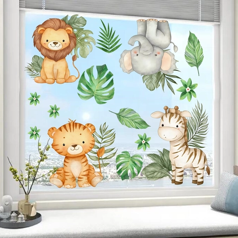 Cartoon Animal Window Stickers Watercolor PVC Wall Decals For Kids Room Nursery Bedroom Decoration Self-Adhesive Cute Sticker