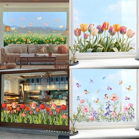 Film de Fenêtre Statique Fleur Branche Oiseau Autocollant en Verre PVC Visuel Double Face Décalcomanie Amovible Décoration Maison