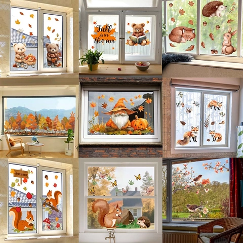 Autumn Static Thanksgiving Window Clings Cartoon Squirrel Fox Maple Leaf Pumpkin Gnome Double Sided Glass Decals Decor
