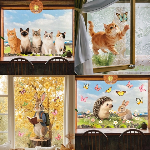 Cartoon Dier Statische Vensterstickers PVC Decoratieve Kat Vos Konijn Vlinder Bloem Verwijderbare Glasstickers Woondecoratie