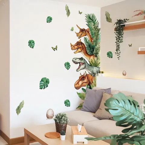 Cartoon Dinosaur Head Tropical Leaves Butterfly Wall Sticker PVC Self-Adhesive Mural For Kids Room Living Room Decor