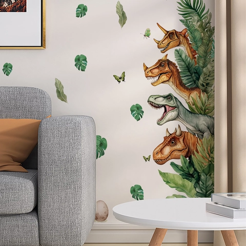 Cartoon Dinosaur Head Tropical Leaves Butterfly Wall Sticker PVC Self-Adhesive Mural For Kids Room Living Room Decor