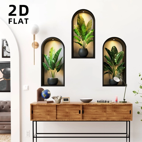 3D Visual Effect Potted Plant Wall Stickers Arched Niche Floral Vase PVC Self Adhesive Mural For Living Room Bedroom Decor
