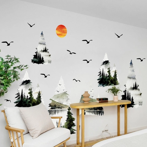 Adesivo da Parete Stile Inchiostro Nordico Foresta Pini Uccelli Moderno Autoadesivo PVC Decalcomania per Soggiorno Camera da Letto Casa