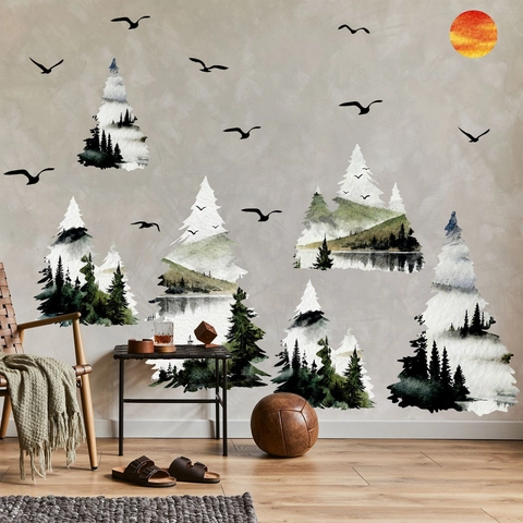 Adesivo da Parete Stile Inchiostro Nordico Foresta Pini Uccelli Moderno Autoadesivo PVC Decalcomania per Soggiorno Camera da Letto Casa