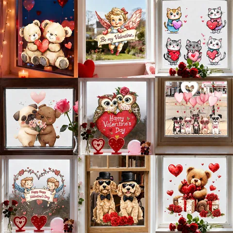 Valentine's Day Window Static Clings Cartoon Teddy Bear Owl Cupid Heart PVC Glass Decals For Holiday Home Store Decor