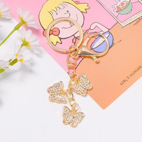 Creative Luxury Gold Butterfly Rhinestone Keychain With Lobster Clasp Metal Zinc Alloy Key Ring Pendant For Women Bag Decor