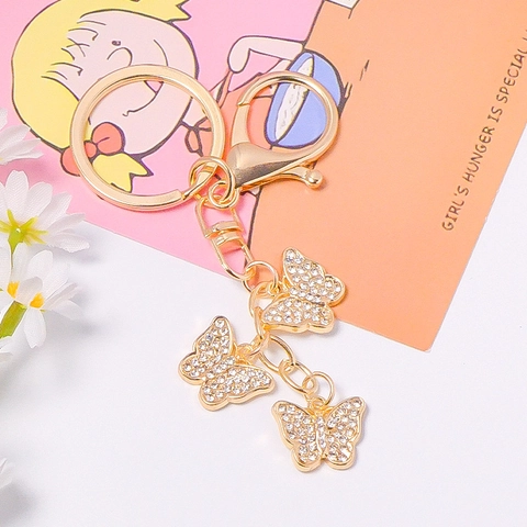 Creative Luxury Gold Butterfly Rhinestone Keychain With Lobster Clasp Metal Zinc Alloy Key Ring Pendant For Women Bag Decor
