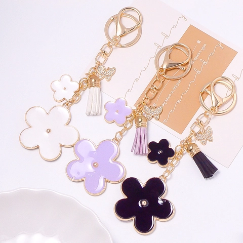 Enamel Flower Butterfly Keychain With Tassel Rhinestone Alloy Gold Plated Key Ring Bag Hanging Charm Gift For Women Accessory