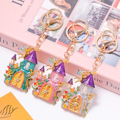 Creatieve Kasteel Fee Sleutelhanger Strass Zinklegering Emaille Tas Bedeltje Voor Vrouwen Meisje Cadeau Dromerige Fantasie Sleutelring