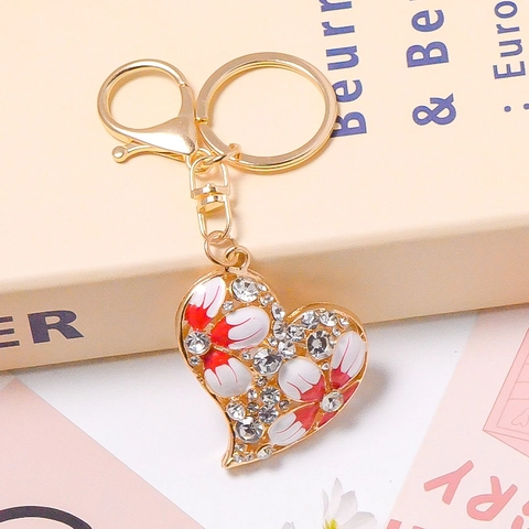 Porte-clés Cœur en Métal Strass Huile Goutte à Goutte Floral Anneau Clé Mignon Pendentif de Sac Mode Chaîne Clé Cadeau Pour Femmes