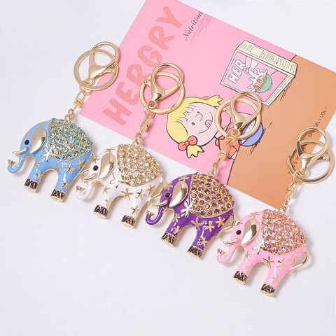 Luxury Enamel Elephant Keychain For Women Metal Animal Pattern Pendant Rhinestone Key Ring Bag Charm Accessories