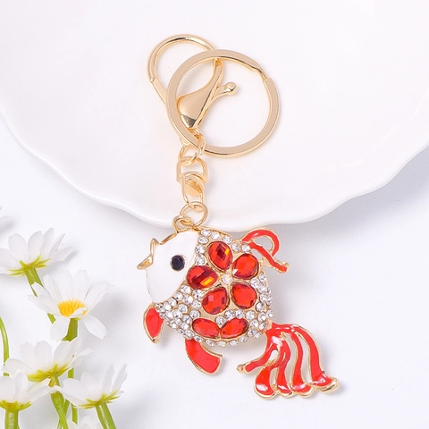 Enamel Goldfish Keychain With Rhinestone Flower Pattern Zinc Alloy Metal Animal Bag Charm For Women Girl Gift Jewelry