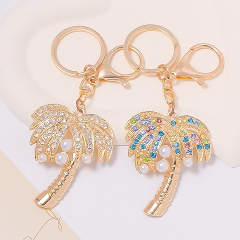 Tropical Palm Tree Keychain With Rhinestone And Artificial Pearl Gold Plated Alloy Summer Style Coconut Tree Bag Charm Gift For Women