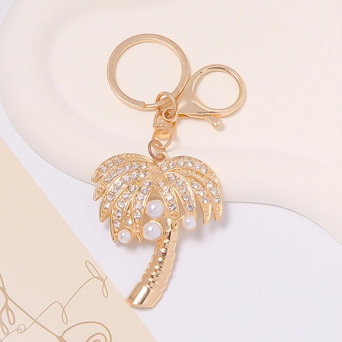 Tropical Palm Tree Keychain With Rhinestone And Artificial Pearl Gold Plated Alloy Summer Style Coconut Tree Bag Charm Gift For Women