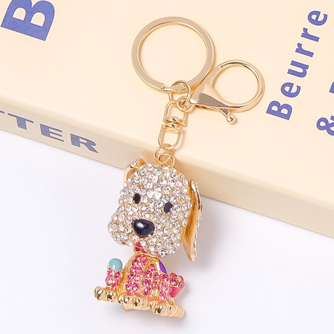 Creatieve Cartoon Puppy Sleutelhanger Glinsterende Strass Ingelegd Metalen Hond Hanger Sleutelring Voor Vrouwen Tas Accessoires